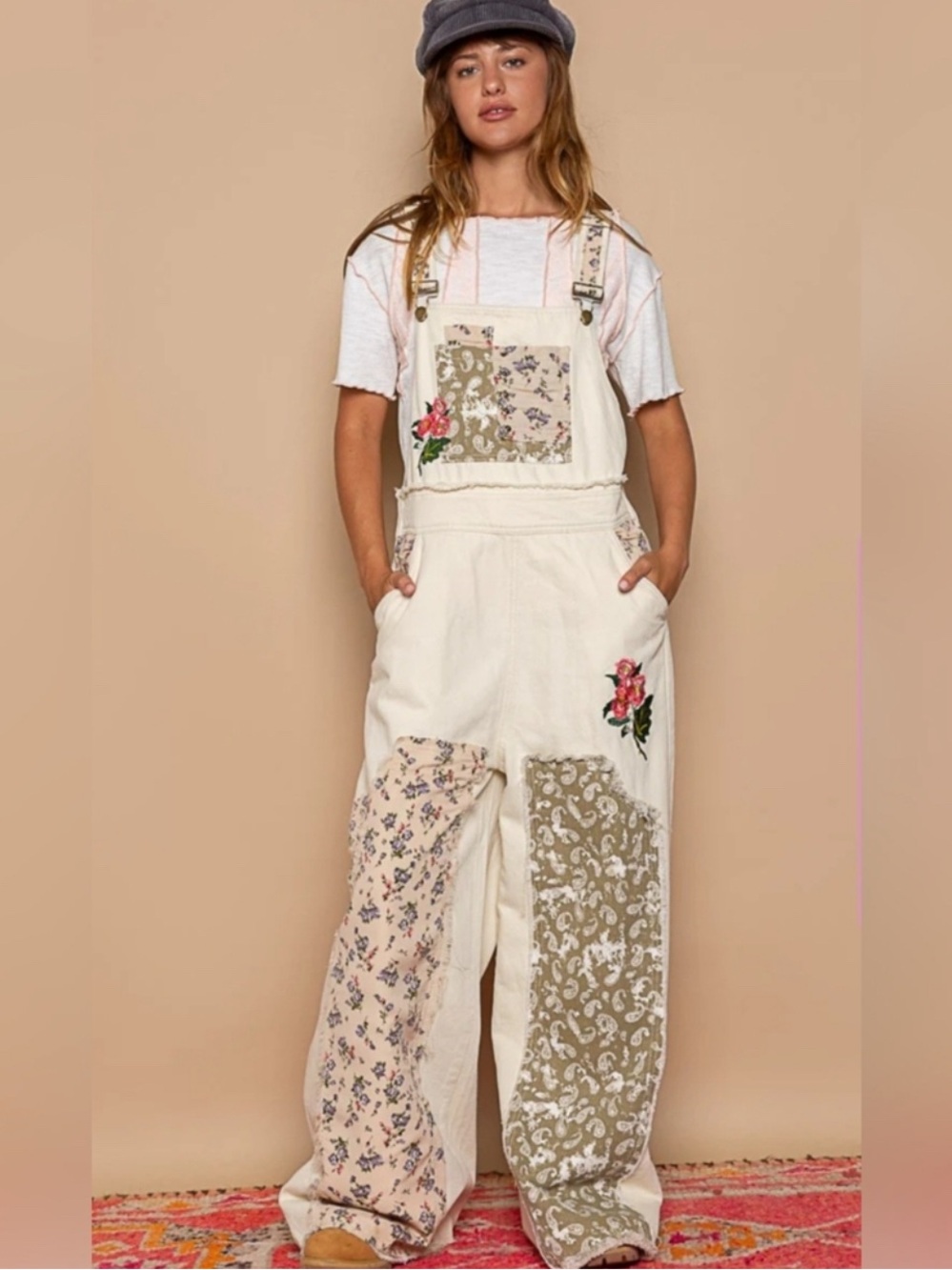 POL Boho Cream Wide-Leg Patchwork Overalls with Floral Embroidery L